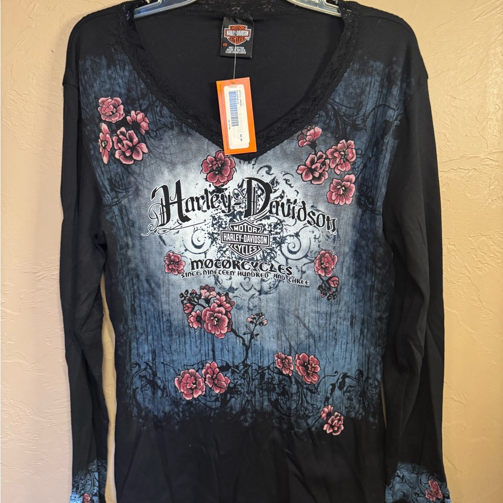 Harley-Davidson Women's Black and Blue Floral Long Sleeve